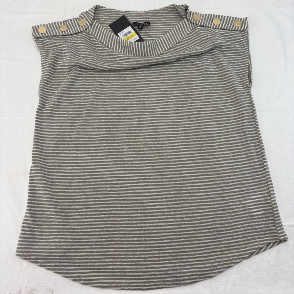 Jones New York Signature Striped Boat Neck Knit Top Gold Buttons Camo Ivory M